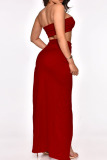 Red Sexy Solid Patchwork Slit Strapless Sleeveless Two Pieces