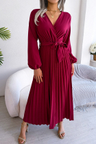 Red Elegant Solid Frenulum Fold V Neck Pleated Dresses