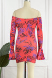 Red Sexy Print Patchwork Fold Off the Shoulder Pencil Skirt Dresses