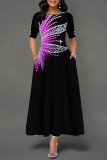 Purple Casual Print Basic O Neck Long Dress Dresses
