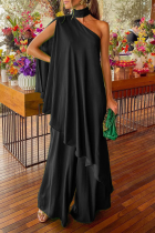 Black Casual Solid Patchwork Halter Sleeveless Two Pieces