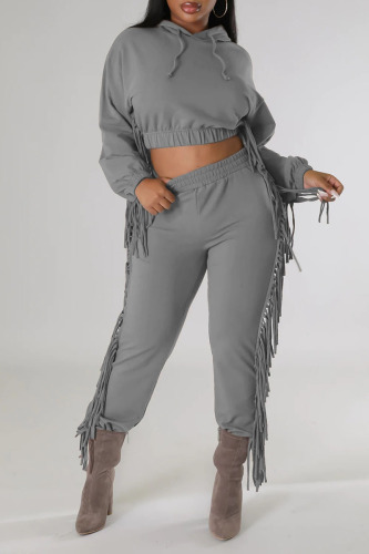 Grey Casual Street Solid Tassel Patchwork Hooded Collar Long Sleeve Two Pieces
