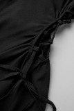Black Sexy Solid Bandage Hollowed Out Patchwork Buckle Turndown Collar One Step Skirt Dresses