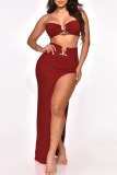 Red Sexy Solid Patchwork Slit Strapless Sleeveless Two Pieces