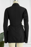 Black Sexy Solid Bandage Hollowed Out Patchwork Buckle Turndown Collar One Step Skirt Dresses