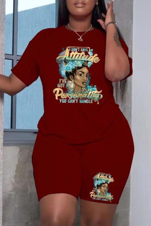 Burgundy Fashion Casual Print Patchwork O Neck Short Sleeve Plus Size Two Pieces