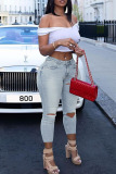 White Casual Street Solid Bandage Patchwork High Waist Skinny Denim Jeans