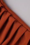 Brown Red Elegant Solid Patchwork Fold Oblique Collar One Step Skirt Dresses