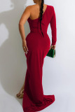 Burgundy Sexy Solid Patchwork Fold Oblique Collar Long Dress Dresses