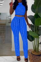 Color Blue Sexy Patchwork Hot Drilling See-through Turtleneck Sleeveless Two Pieces