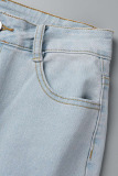 Medium Blue Casual Street Solid Bandage Patchwork High Waist Skinny Denim Jeans