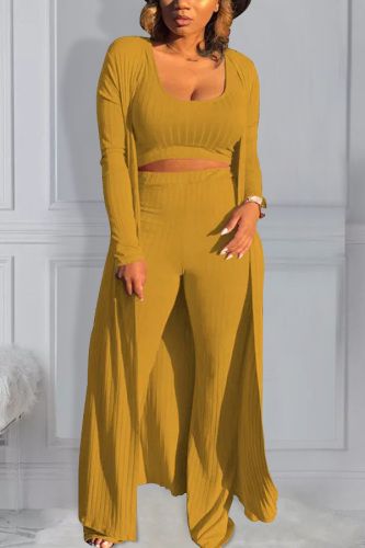 Yellow Active Casual Europe and America O Neck Solid Plus Size