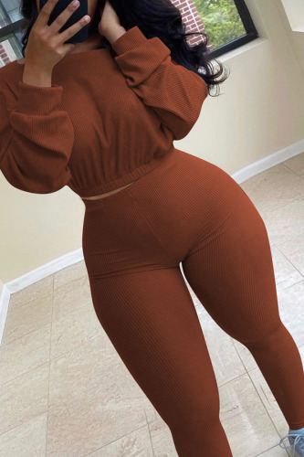 Coffee Active Europe and America Street Solid Skinny Long Sleeve Two Pieces