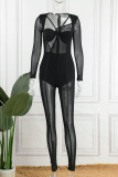 Black Sexy Solid Patchwork See-through Asymmetrical Collar Skinny Jumpsuits