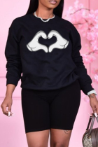 Black Street Print Patchwork O Neck Tops