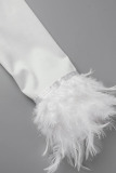 White Sexy Solid Patchwork Feathers Hot Drill O Neck Pencil Skirt Plus Size Dresses