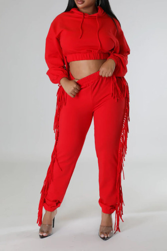 Red Casual Street Solid Tassel Patchwork Hooded Collar Long Sleeve Two Pieces