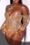 Plus Size Silver Sexy Patchwork Sequins Feathers Backless Off the Shoulder Romper