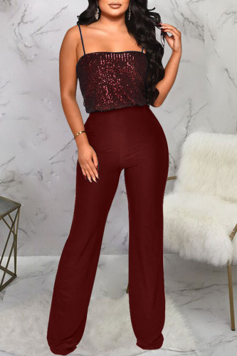 Burgundy Sexy Solid Sequins Patchwork Spaghetti Strap Straight Jumpsuits