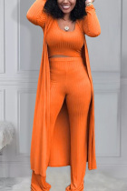 Orange Active Casual Europe and America O Neck Solid Plus Size