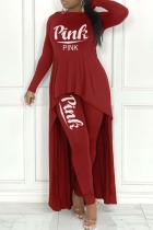 Red Casual Letter Print Asymmetrical O Neck Long Sleeve Two Pieces