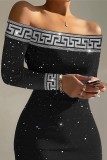 Black Sexy Patchwork Hot Drill Off the Shoulder Long Sleeve Dresses