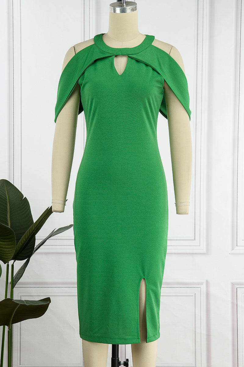 Vintage Geometric Print Slit With Belt O Neck One Step Skirt Dresses