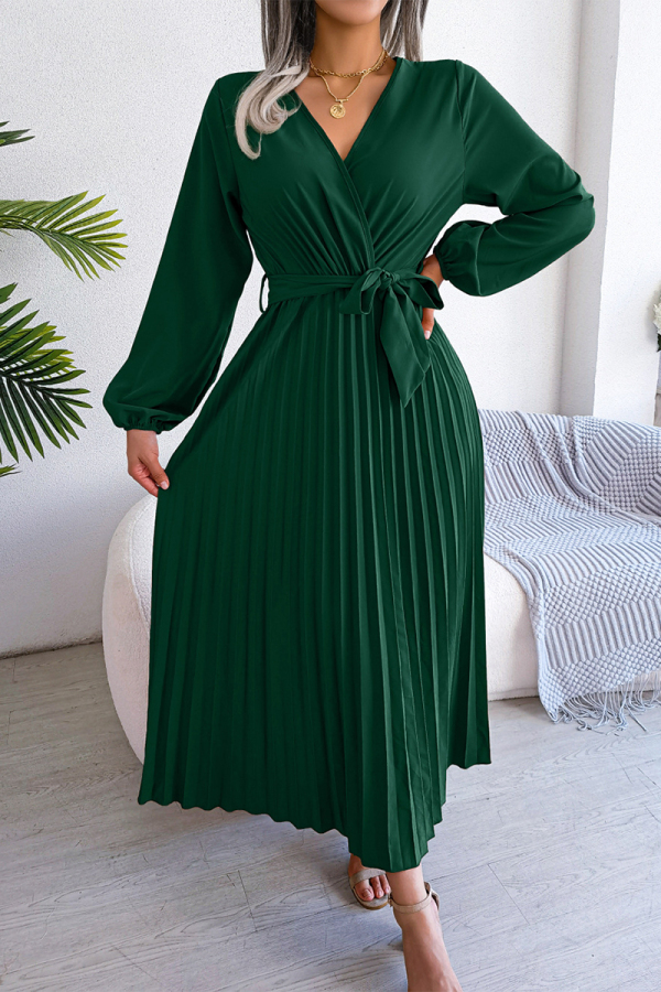 Green Elegant Solid Frenulum Fold V Neck Pleated Dresses