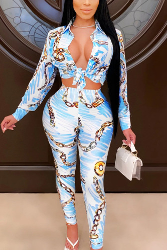 Blue Casual Daily Milk Fiber Print Patchwork Turndown Collar Long Sleeve Regular Sleeve Short Two Pieces