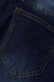 Medium Blue Casual Solid Patchwork High Waist Denim Jeans