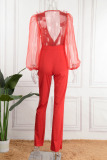 Red Sexy Solid Patchwork See-through Stringy Selvedge V Neck Straight Jumpsuits