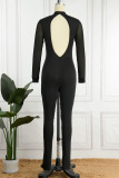 Black Sexy Solid Sequins Patchwork See-through O Neck Skinny Jumpsuits