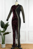 Black Sexy Solid Sequins Patchwork See-through O Neck Skinny Jumpsuits