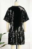 Black Casual Solid Sequins Patchwork Flounce O Neck Straight Dresses