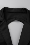 Black Sexy Solid Bandage Patchwork Buttons Backless Turn-back Collar Long Sleeve Two Pieces