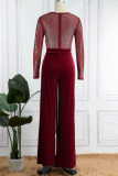 Burgundy Sexy Solid Patchwork See-through Hot Drill O Neck Straight Jumpsuits