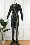 Black Sexy Solid Sequins Patchwork See-through O Neck Skinny Jumpsuits