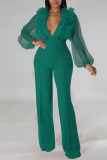 Green Sexy Solid Patchwork See-through Stringy Selvedge V Neck Straight Jumpsuits