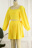 Yellow Casual Solid Bandage Patchwork Fold Square Collar Long Sleeve Two Pieces