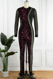 Black Sexy Solid Sequins Patchwork See-through O Neck Skinny Jumpsuits