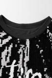 Black Casual Solid Sequins Patchwork Flounce O Neck Straight Dresses
