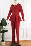 Red Casual Solid Patchwork Flounce Zipper Collar Long Sleeve Two Pieces