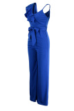Blue Sexy Solid Patchwork Flounce Spaghetti Strap Straight Jumpsuits