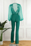 Green Sexy Solid Patchwork See-through Stringy Selvedge V Neck Straight Jumpsuits