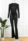 Black Sexy Solid Hollowed Out Patchwork See-through O Neck Long Sleeve Two Pieces