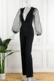 White Sexy Solid Patchwork See-through Stringy Selvedge V Neck Straight Jumpsuits