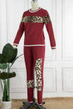 Burgundy Casual Print Patchwork O Neck Long Sleeve Two Pieces