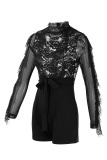 Black Sexy Solid Hollowed Out Patchwork See-through Half A Turtleneck Regular Rompers