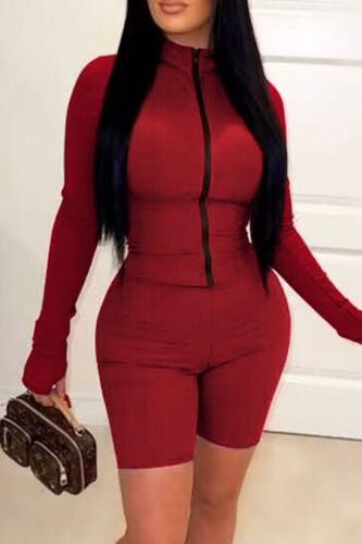 Red Casual Solid Patchwork Zipper Zipper Collar Skinny Rompers