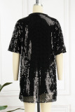 Black Street Solid Sequins Patchwork O Neck T-shirt Dress Dresses